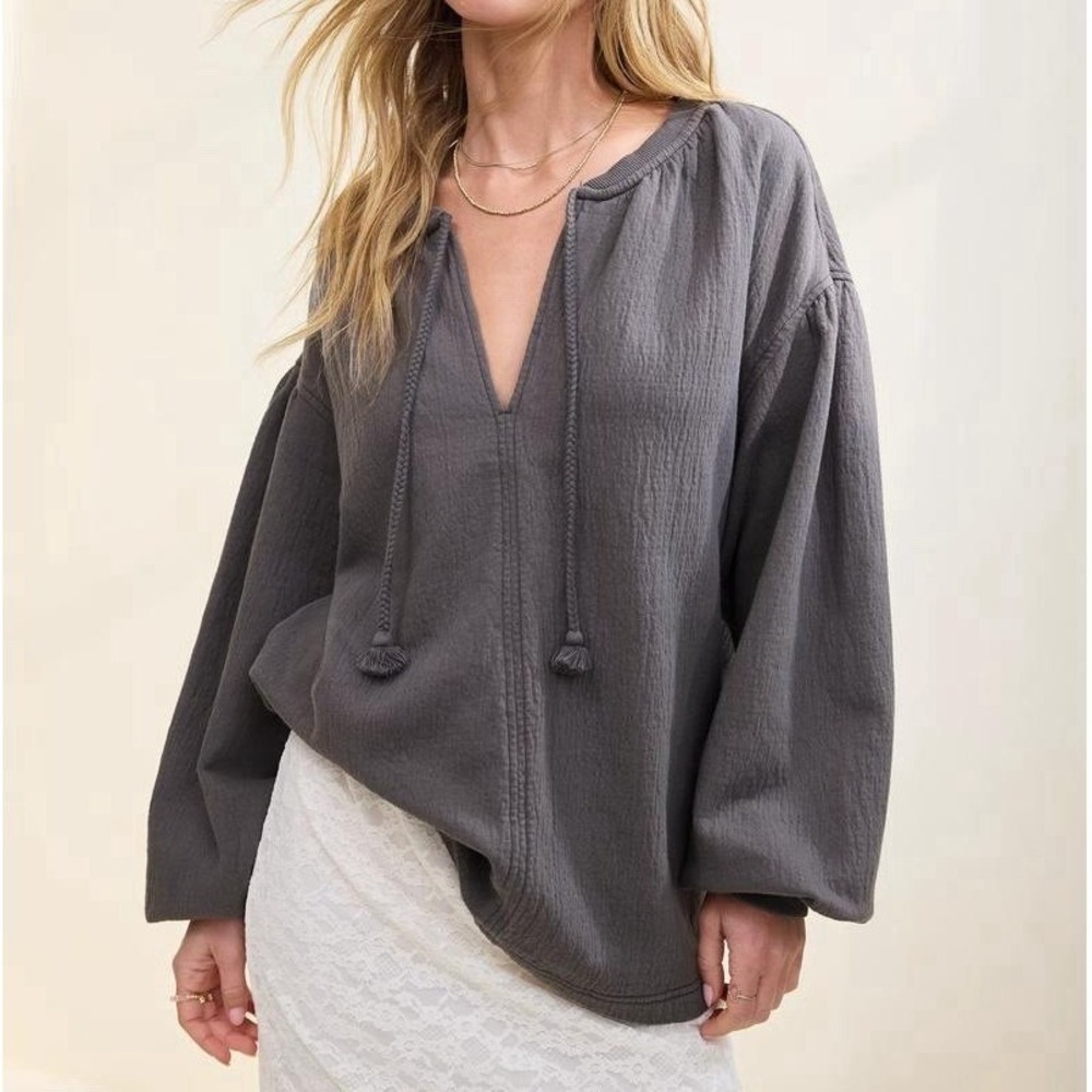 Aerie Easy Street Sweatshirt XS Gray Oversized Slouchy Tunic Tassel Coastal Boho